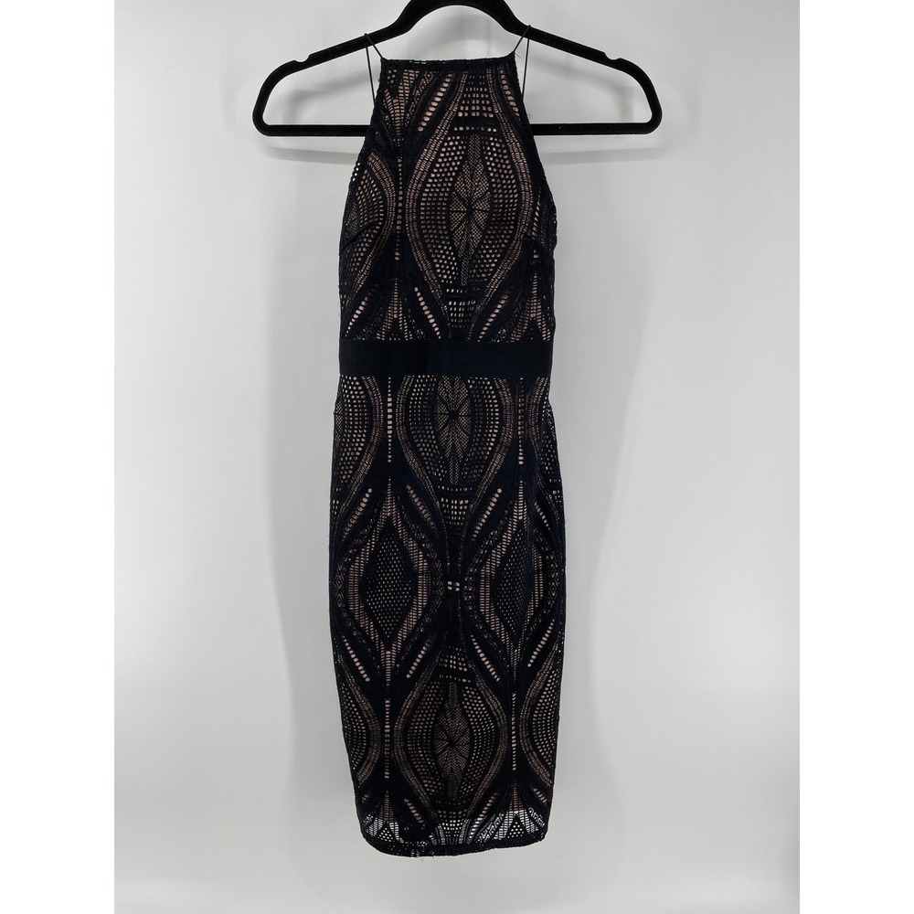 Crochet Lace Bodycon Dress Womens 0 Black Overlay Nude Halter Cocktail LBD